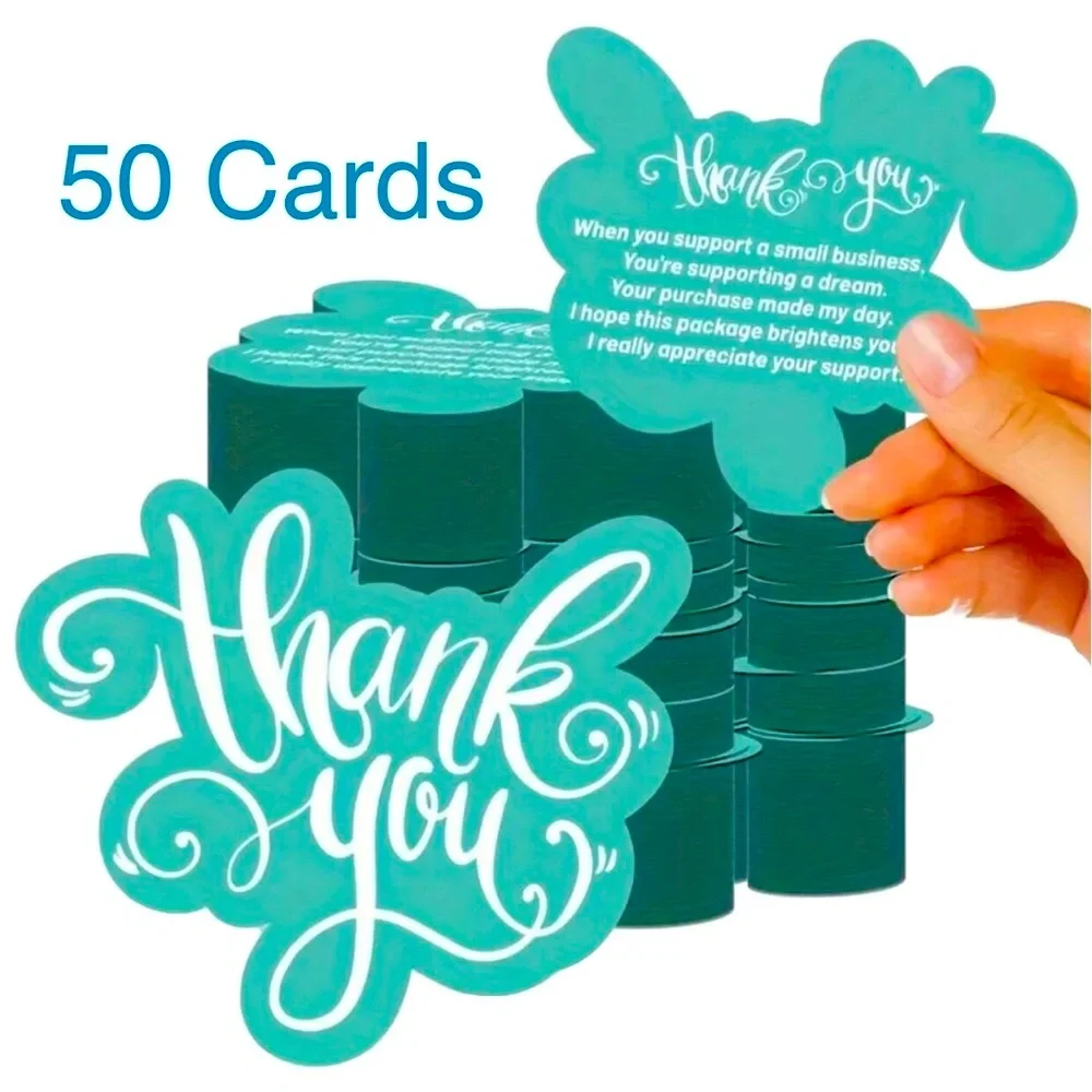 Pack of 50 Shaped Small Business Double Sided Thank You Cards, Turquoise